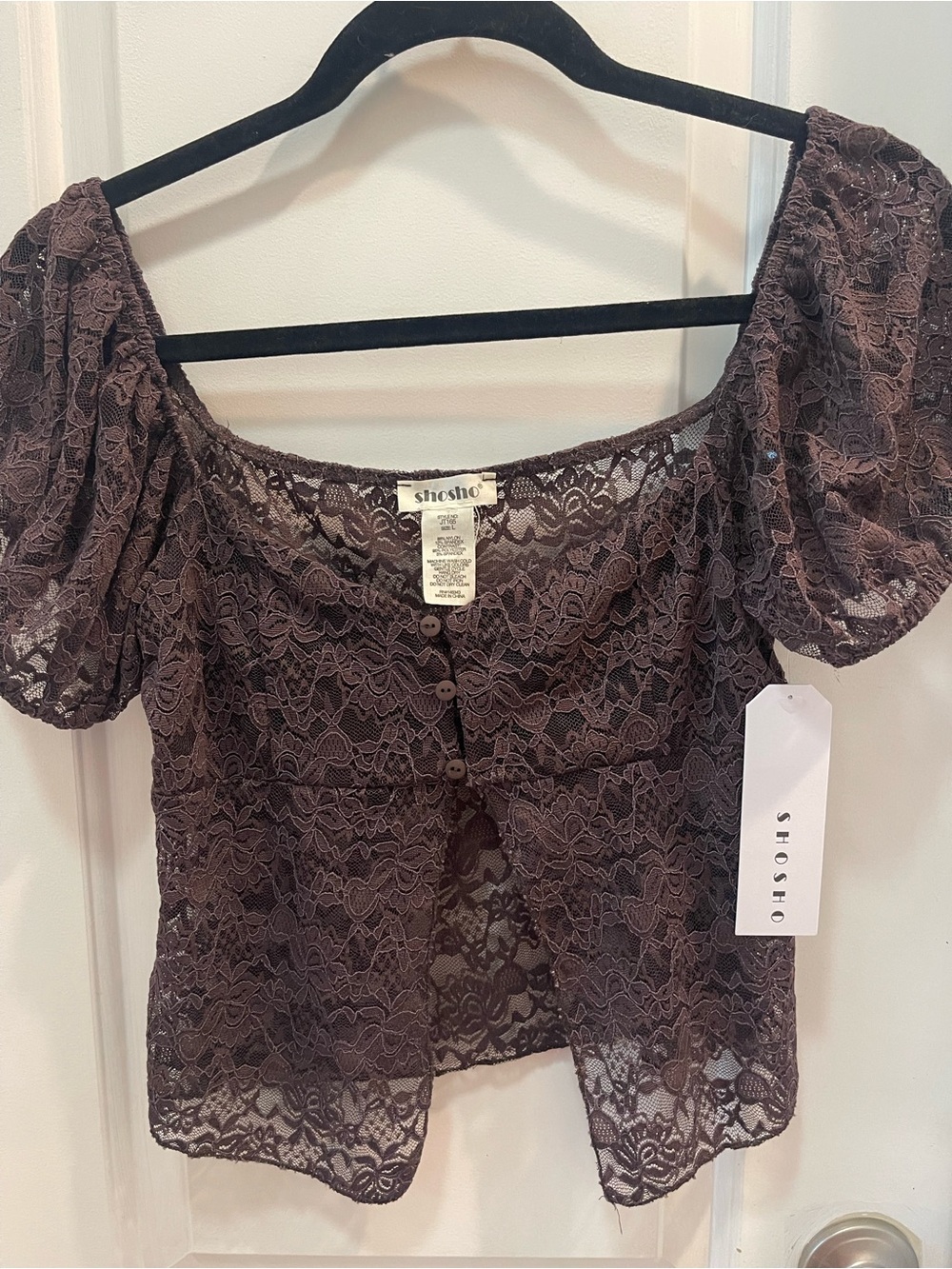 shosho Brown Lace Puff-Sleeve Button-Front Blouse